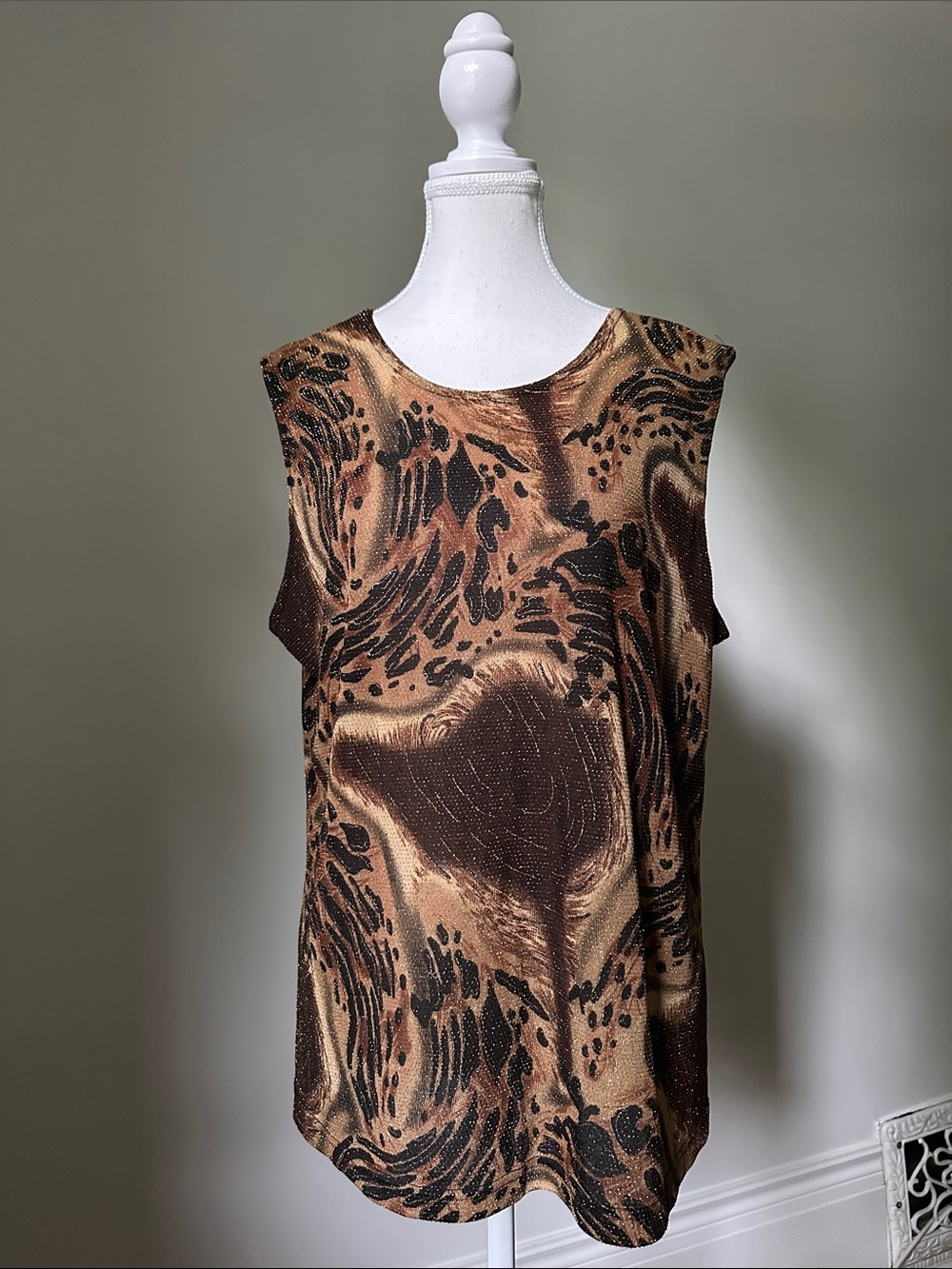 CARROLL REED Vintage Animal Print Boho Summer Neutral Sparkle Sleeveless Top XL